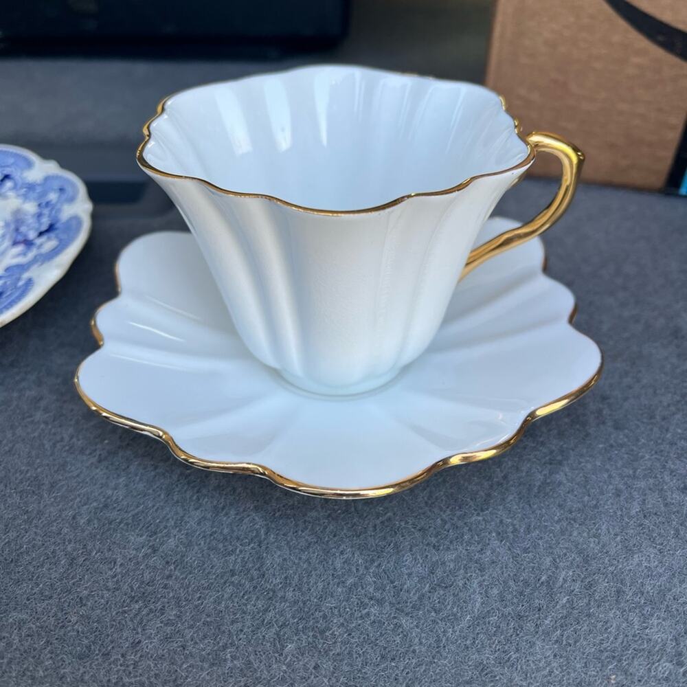 Vintage Rosina Fluted White teacup and Saucer Bone China England Gold Trim